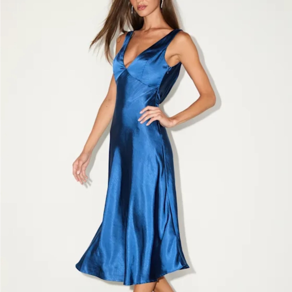 Lulus Navy Satin Cowl Back Midi Slip Dress